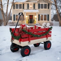GOMYHOME Heavy Duty Wooden Garden Wagon Cart with Pull Handle & 10” Tires, Red
