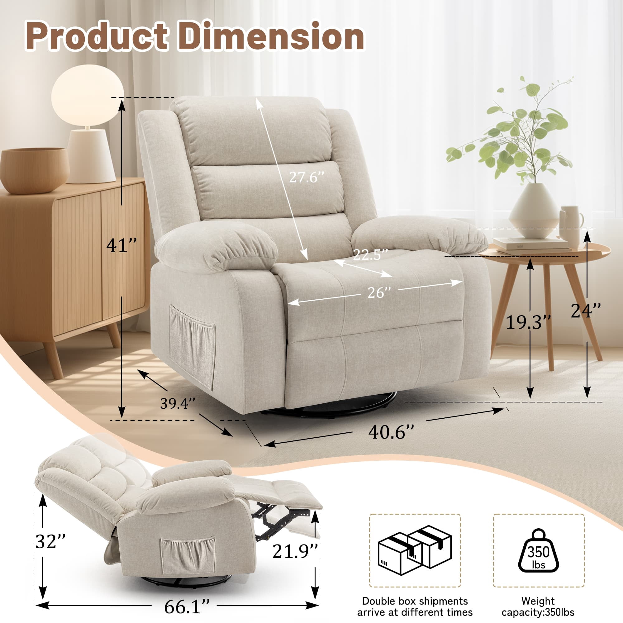 Korser Oversized Swivel Rocker Recliner Chair with Massage and Heating for Living Room,Beige