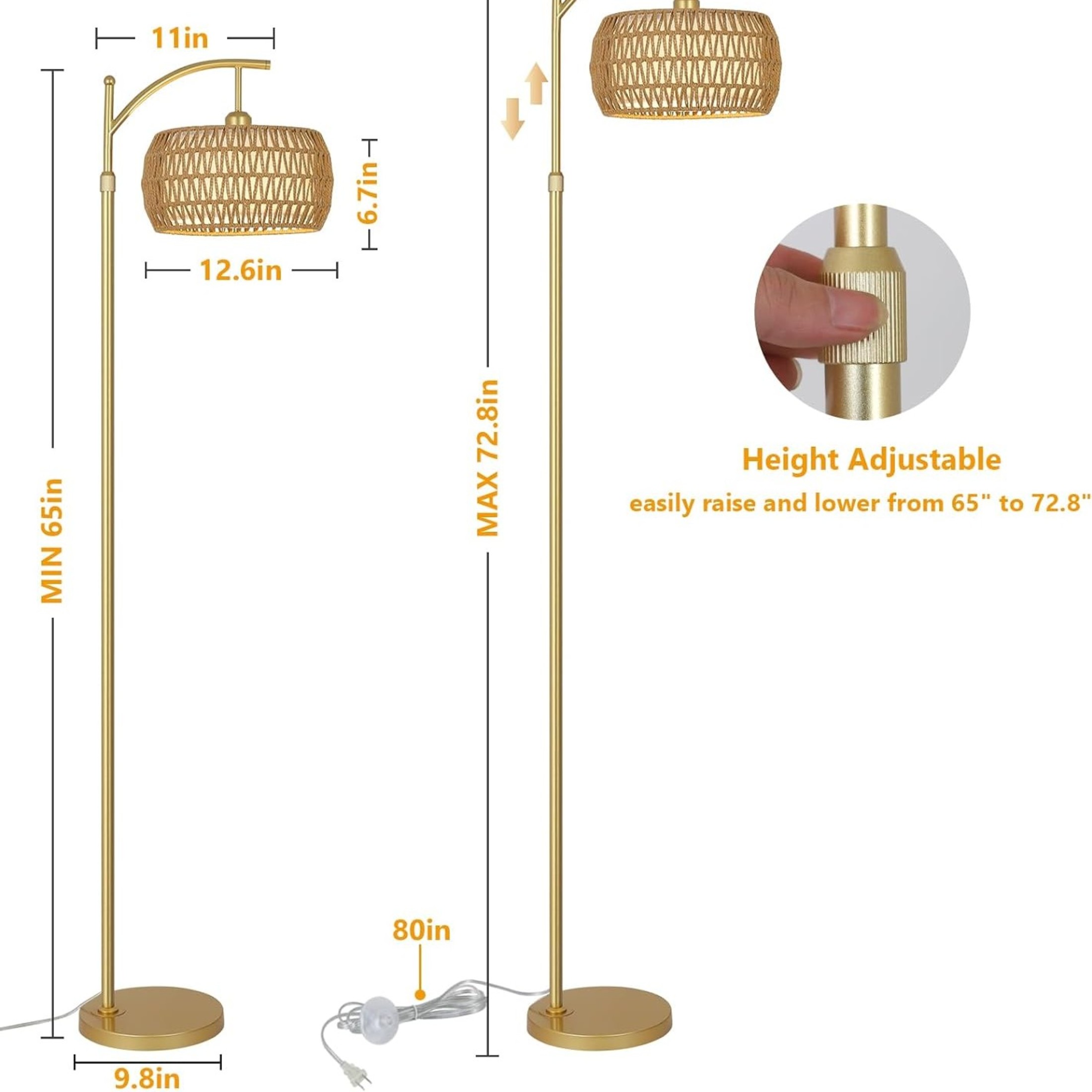 Noble House Modern Rattan Floor Lamp, Remote Dimmable, Adjustable Tall & Color Temperatures, Arc Drum Shade, Gold
