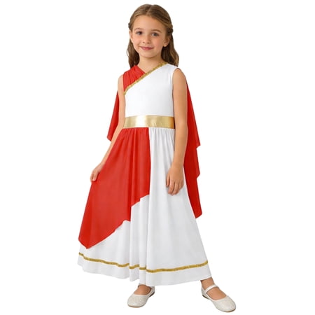 Aiihoo Greek Toga Robe for Girls Ancient Greece Sleeveless Gown Dress Princess Pretend Athena Outfits Red 10