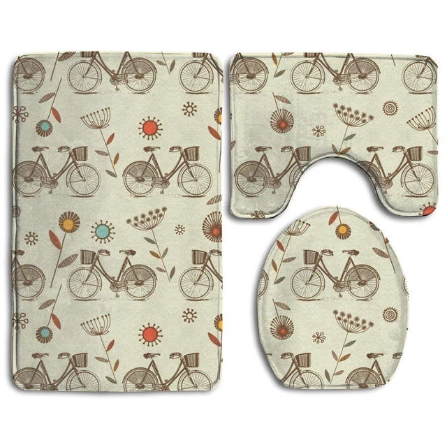 ABPHQTO Bicicleta Juego de alfombras de baño de 3 piezas Alfombra de baño Alfombra de contorno y tapa de inodoro