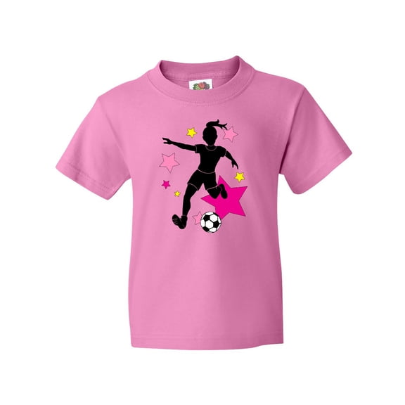 Inktastic Girl Playing Soccer- Pink and Yellow Stars Youth T-Shirt