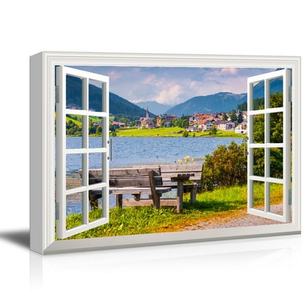 3D Visual Effect View Through Window Frame European Style Town by The Lake in The Mountain Gallery 32x48