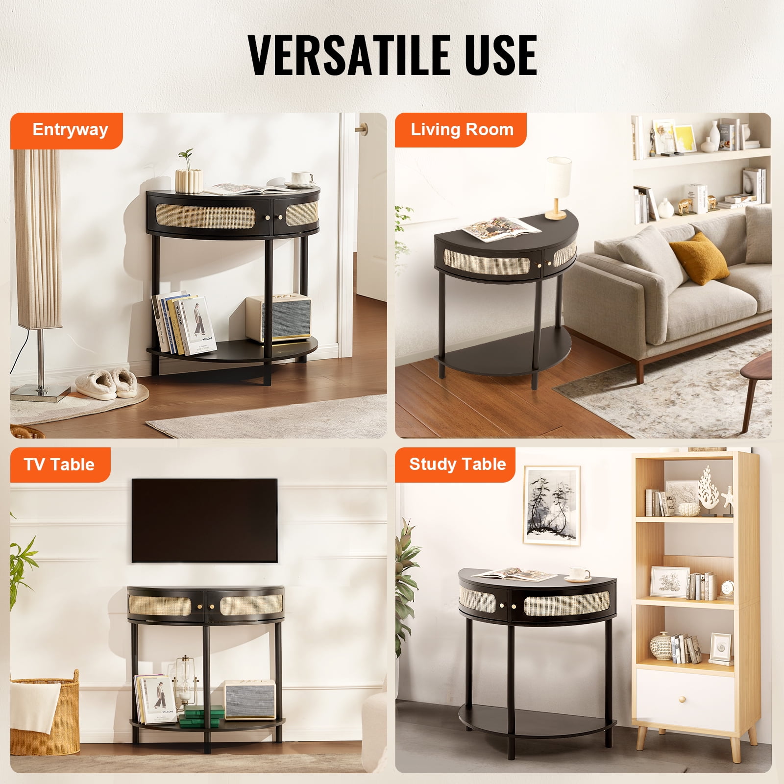 KFFKFF Semi-Circle Rattan Accent Table with Dual Drawers, Entryway Rattan Table Featuring Sliding Natural Rattan Door, Storage-Friendly Table for Lounge, Study, Foyer, or Media Wall, in Black