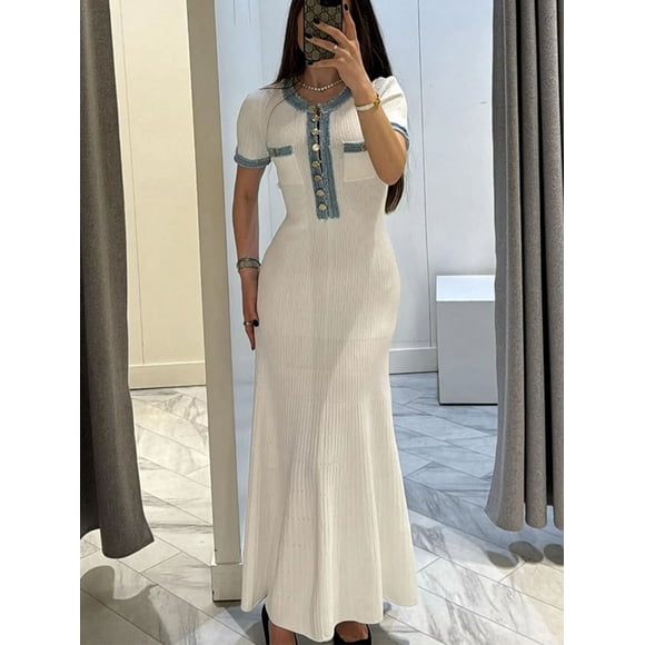 Elegant V Neck Denim Patchwork Knitted Long Dress Women Short Sleeved Buttons Bodycon