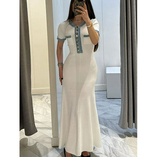 Vestido largo de punto con botonadura única para mujer, traje elegante de Metal con cuello en V, plisado, ajustado a la cadera, moda urbana, 2024