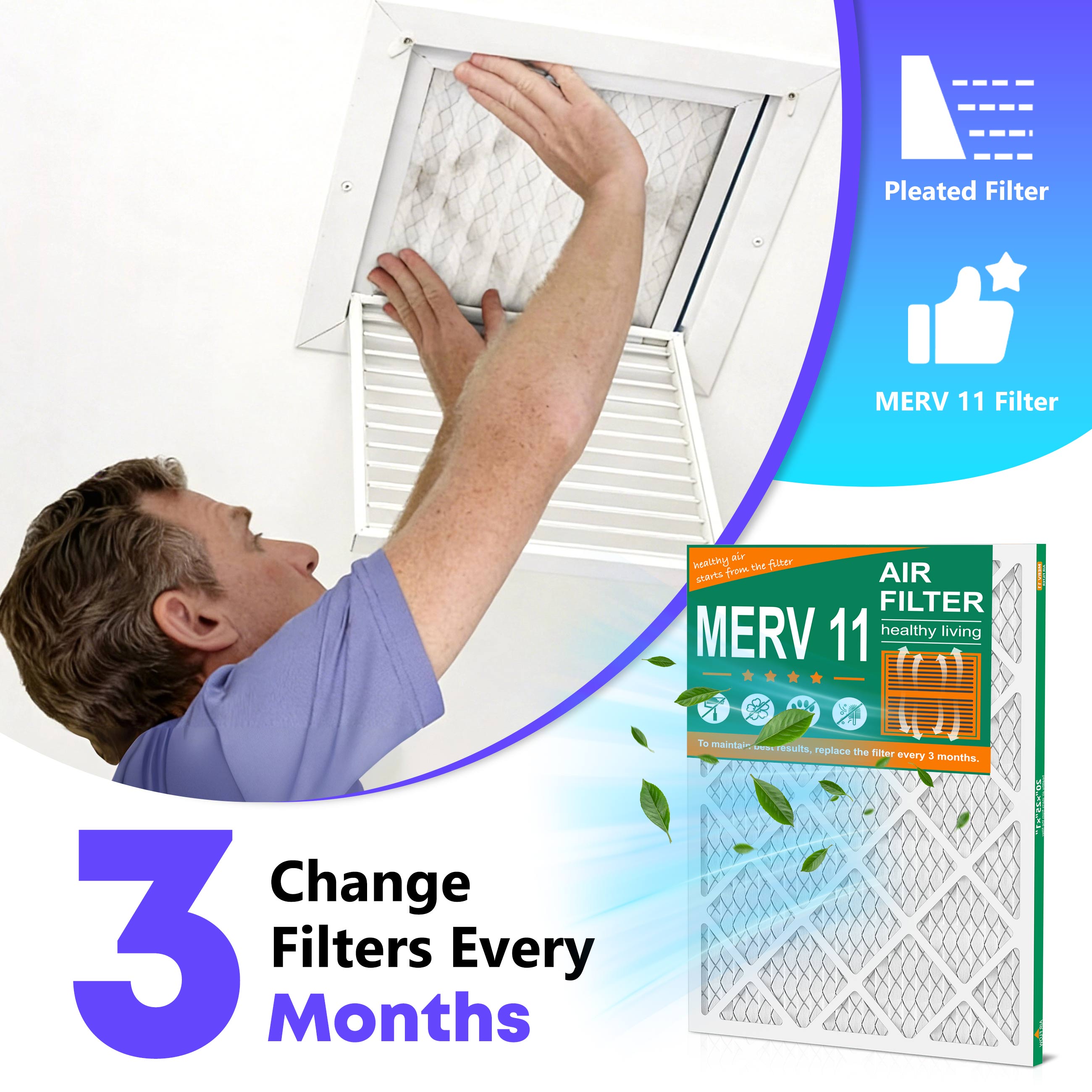 SUIXINEYI  20x25x1 MERV11 Air Cleaning Filter Non-Woven Fabric HVAC Furnace With Pleated Design for Home,6 Packs