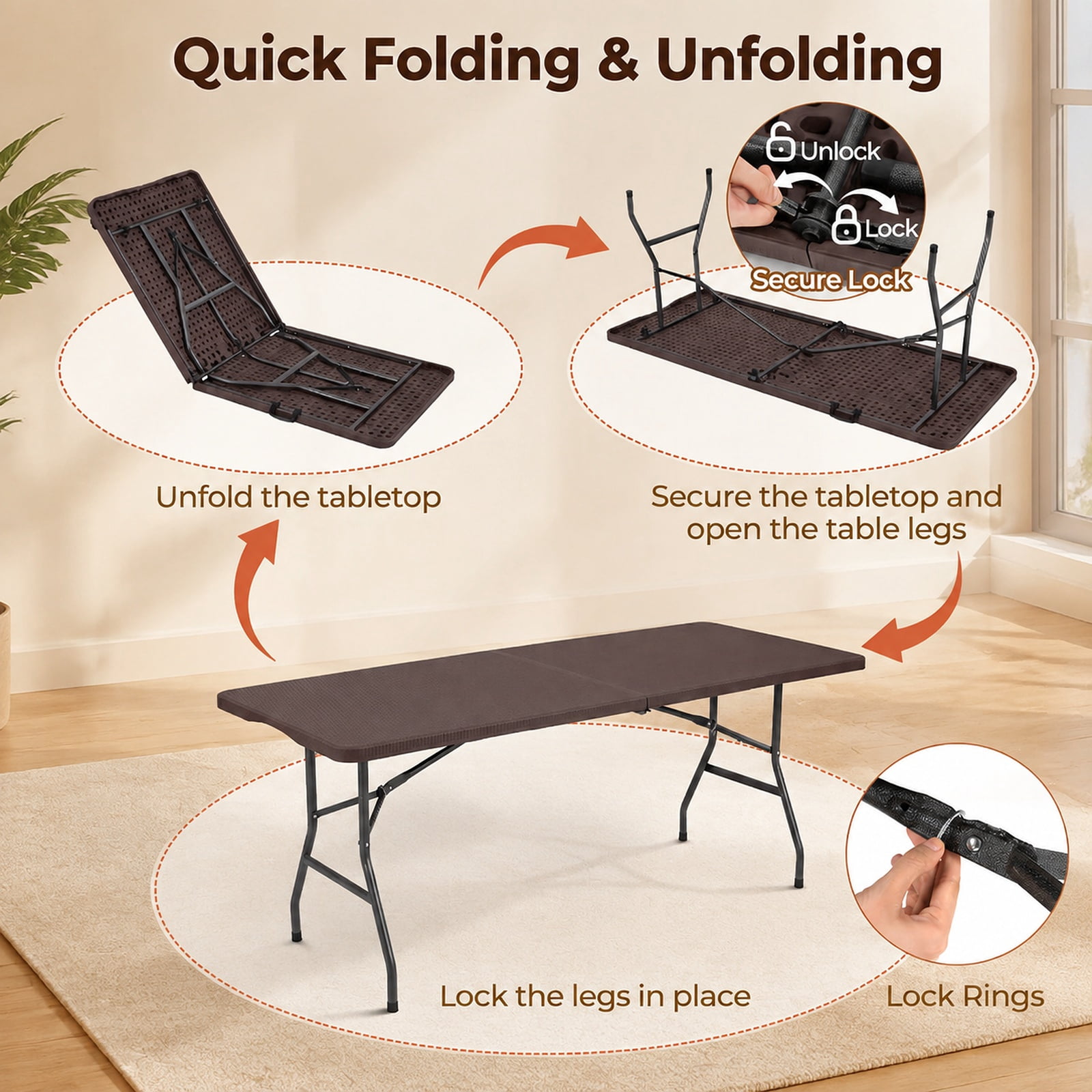 Furnibear 6 FT Plastic Fold in Half Camping Table Portable Folding Table with Carry Handle for Party Event Indoor Dining, Brown
