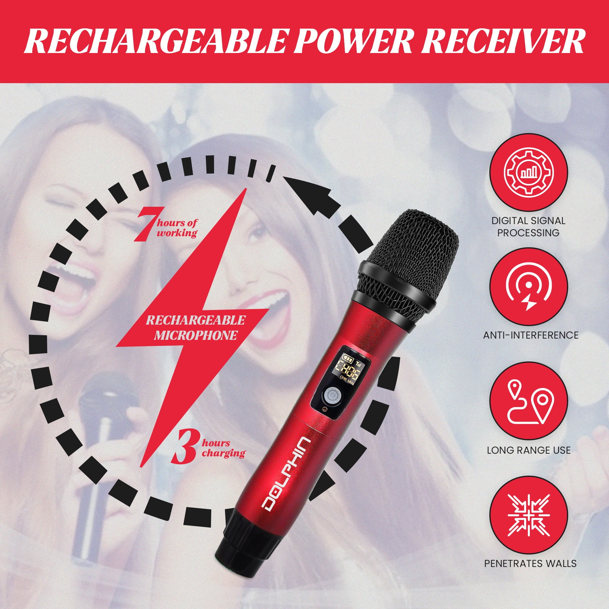 Dolphin MCX11 UHF Wireless Microphone for Karaoke, Singing, PA, Parties, Events, All-Metal, DSP, Long Range | Rechargeable, 50 Channels, Anti-Interference , Red