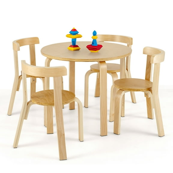 Gymax 5-Piece Kids Wooden Curved Back Activity Table & Chair Set w/Toy Bricks Natural