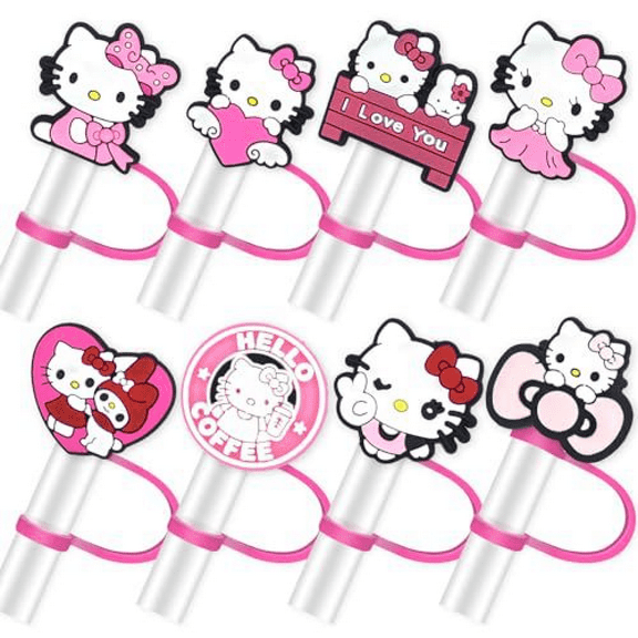DONNGZAE 8Pcs Straw Covers Cap for Stanley Cup, Cute Hello Kitty Silicone Straw Toppers Accessories 10mm 0.4 Inch Compatible with Stanley Cup 30&40 Oz Tumbler, for Home and Party Decor SLO526-0213