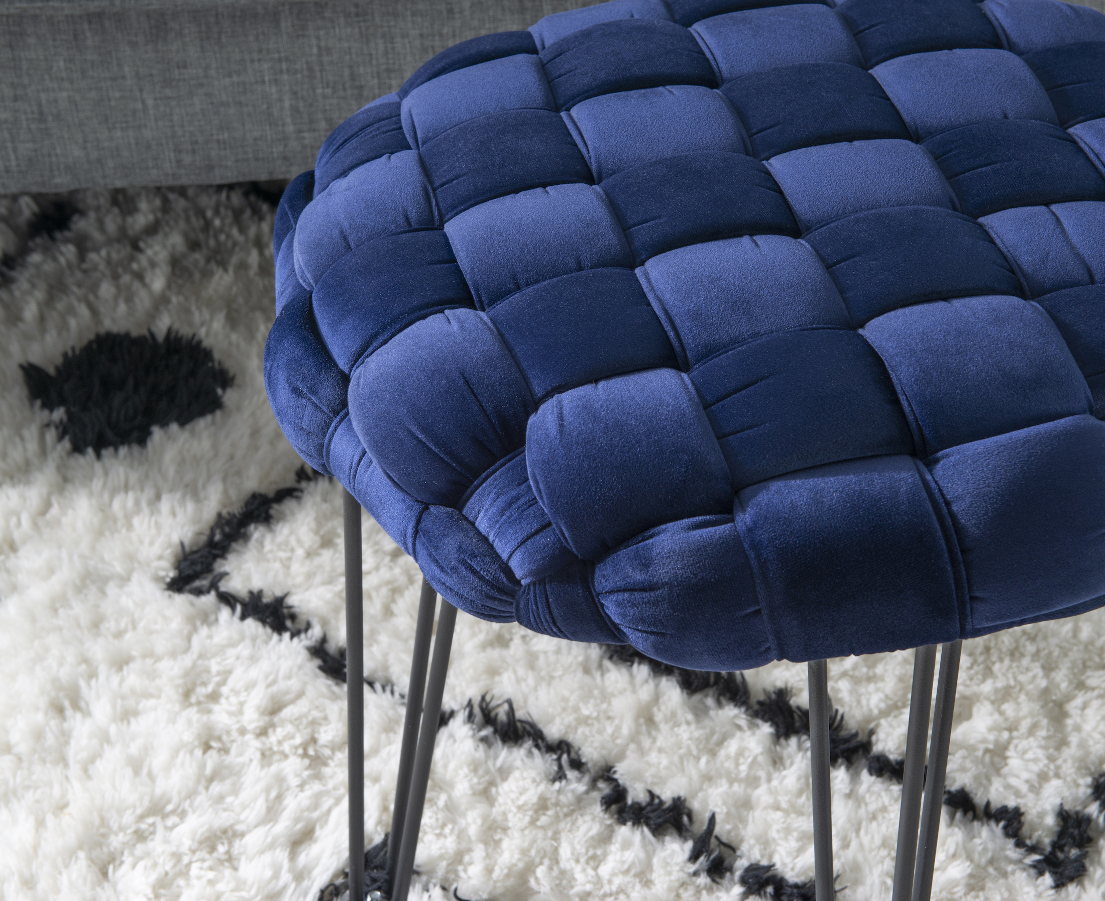 Powell Anya Round Handwoven Velvet Ottoman with Hairpin Legs, Navy