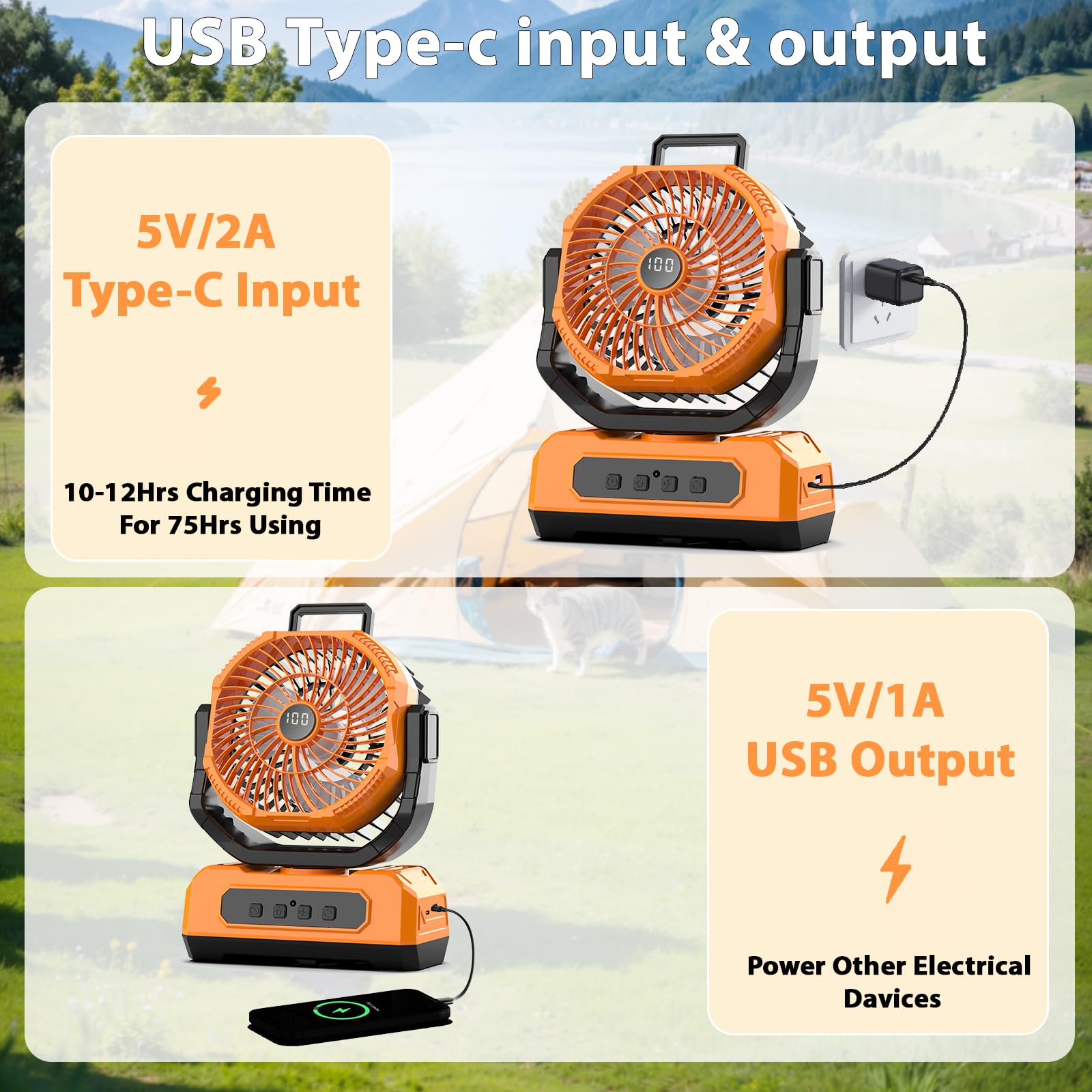 Portable Fan Rechargeable,20000mAh Cordless Battery Powered Fan with LED Lantern,270Rotation With remote control,USB C Battery Operated for Travel Camping Tent Office Beach Fishing Outdoor,ORANGE