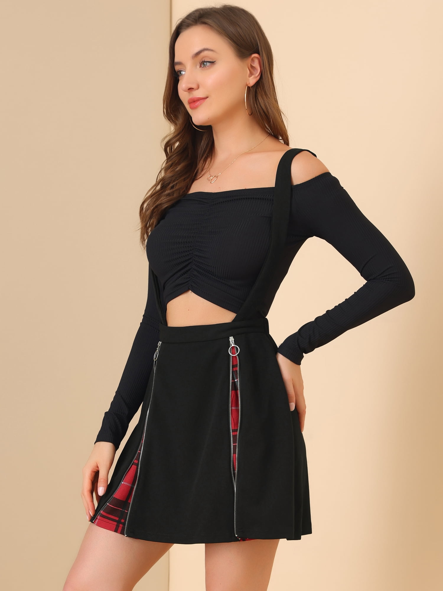 DARING DIVA Women's Plaid Zipper Removable Straps Overall Suspender Skirt S Black