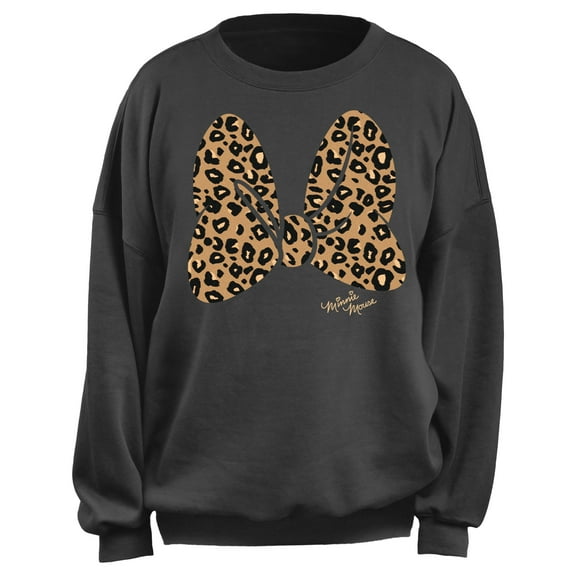 Junior's Mickey & Friends Cheetah Print Minnie Bow Sweatshirt Charcoal Medium