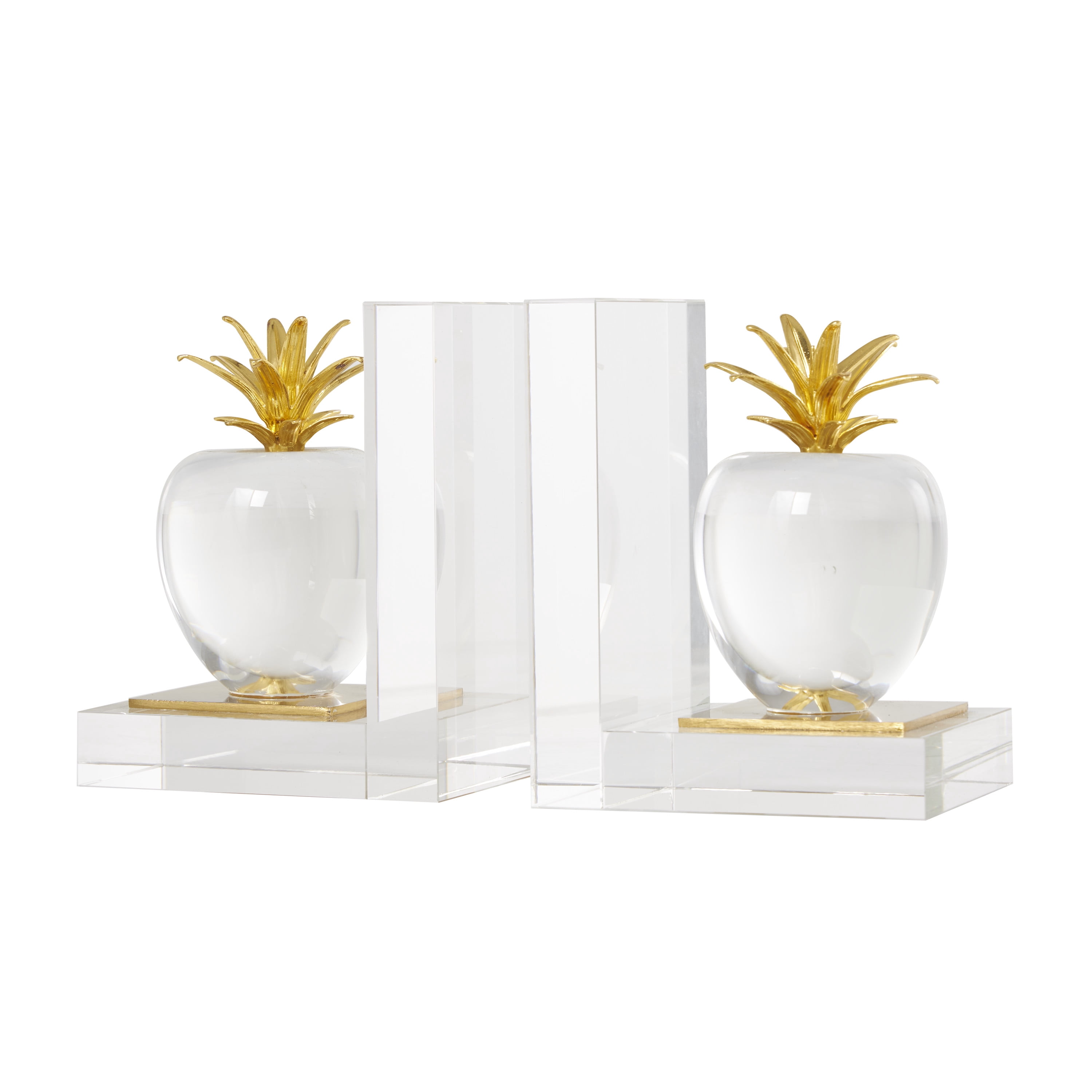 DecMode 4" Apple Fruit Clear Crystal Bookends with Gold Leaves (Set of 2)