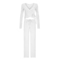thumbnail image 4 of vdgthytj 2 Piece Sets for Women Long Sleeve V-Neck Wrap Waist Crop Tops Drawstring Wide Leg Pants Fall Casual Going out Outfits, 4 of 5