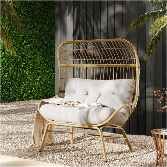 JERFIT Outdoor Loveseat PE Wicker Rattan Sofa for Patio, 2-Seater Garden Bench with Weather-Resistant Cushion, Light Brown