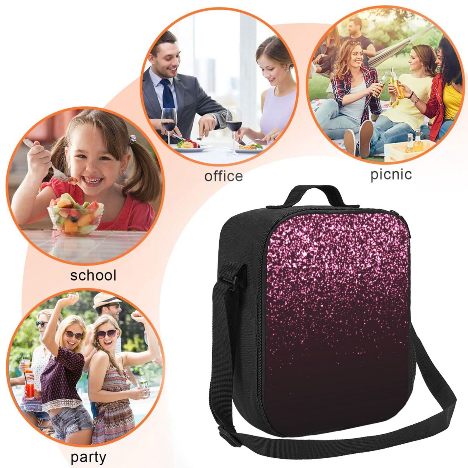 Xecao Pink Glitter Sparkles A Print Lunch Bag - Durable, Double-Insulated Lunch Bag, Holds Lunch Box, Water Bottle, & Snacks,Leakproof Cooler Tote Bag