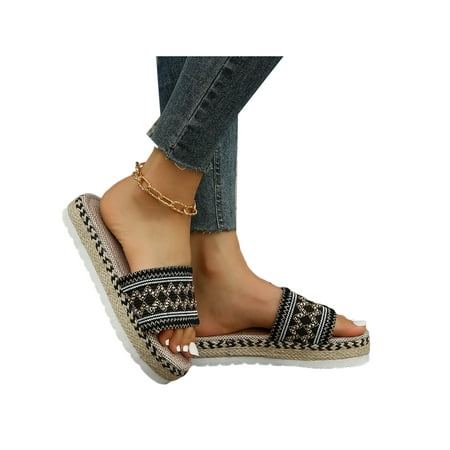 

UKAP Ladies Wedge Sandals Peep Toe Platform Sandal Thick Sole Summer Slides Fashion Casual Shoes Womens Espadrille Slip On Ethnic Black 7