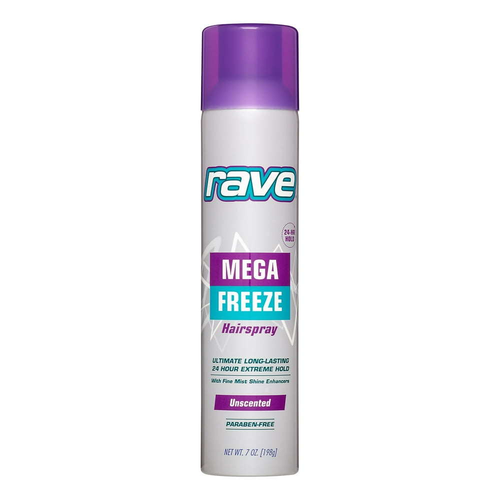 Rave Hairspray Mega Freeze 24 Hour Extreme Hold, Unscented Aerosol, 7 Oz