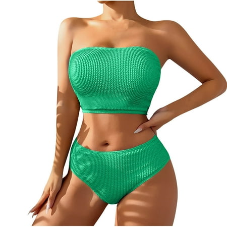 Pejock Women s High Waisted Bikini Set  Adjustable Bandeau Top & Cheeky Bottoms with Tummy Control  2-Piece Strapless Swimwear for Women  Bathing Suits for Beach Pool Vacation