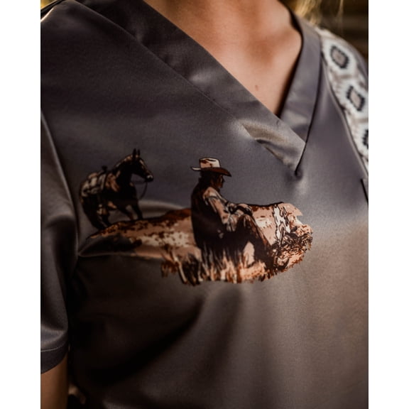 Women's scrub top, Western, Workwear, Uniform, Scrub Sets, Spurrin' Scrubs-Grey Cowboy Scrub Top