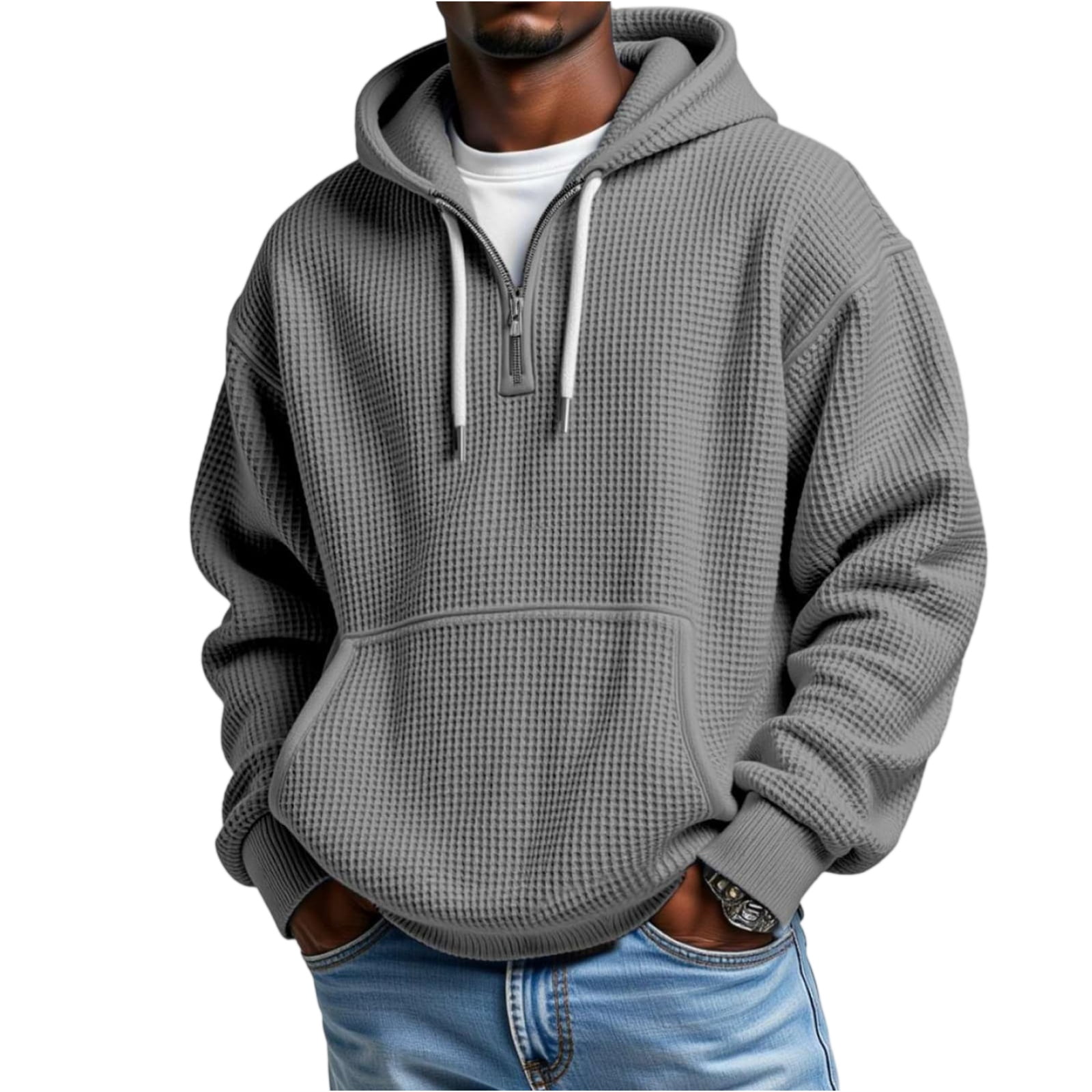 Men's Casual Solid Color Waffle Zipper Long Sleeve Hooded Sweatshirt Gray 4XL