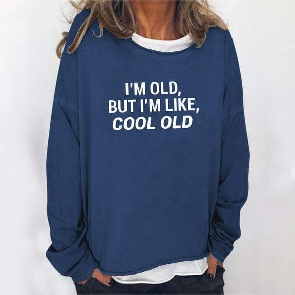 kayannuo Womens Tops Long Sleeve Shirts Fall Women Oversize Funny Text Letter Print Round-Neck Long Sleeve Loosen Single Sweatshirt Tops Pullover Blouse Navy