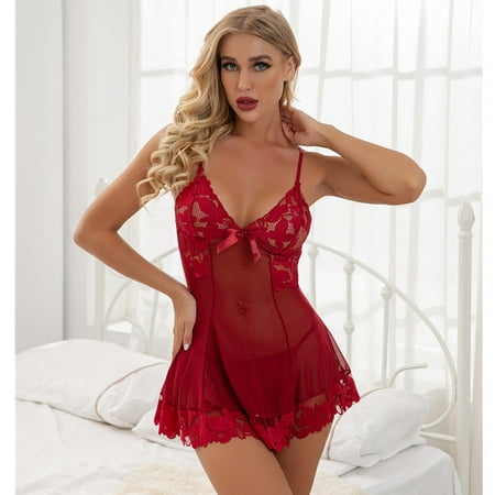 Women Lingerie Nightgown Set Sheer Mesh V Neck Chemise Floral Lace Babydoll Dress with Thong for Sleepwear Exotic Nightwear