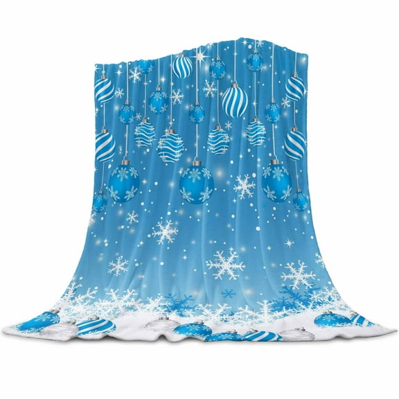 Light Blue Christmas Balls Flannel Blanket for Bed,Travel and Camping, Winter Xmas Ball Snowflakes Ombre Super Soft Cozy Blanket for All Seasons 60" x 80"