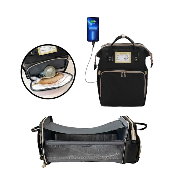 Diaper Bag Backpack, Multifunctional Baby Changing Bag with Foldable Crib and Insulated Bottle Pockets, a Must-Have for Baby Travel, with USB Charging Port and Stroller Straps (Black)