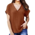 thumbnail image 6 of Scyoekwg Graphic Tees for Women Summer Trendy Classic Solid Color Casual Short Sleeve Tshirt Plus Size V-Neck Button Roll Up Sleeve Loose Comfy Blouse Going Out Tops T Shirt (Coffee,XXL), 6 of 6