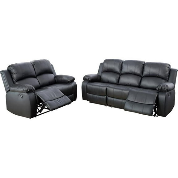 Pemberly Row Contemporary 2-Pieces Faux Leather Recliner Sofa Set in Black