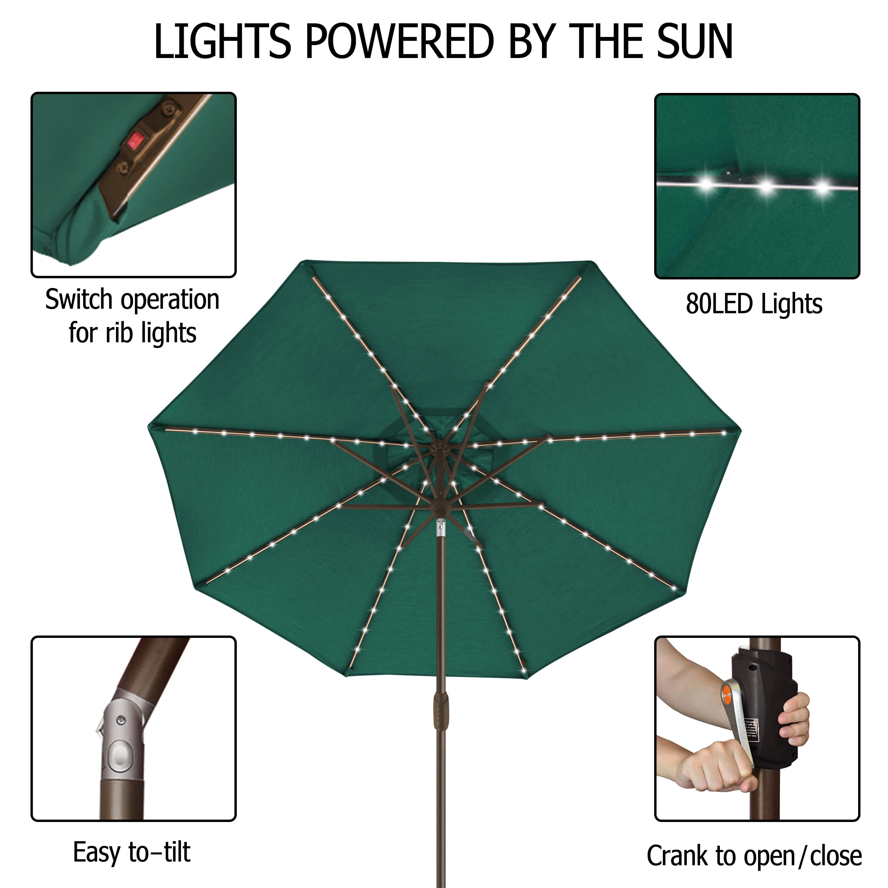 EliteShade Sunbrella Solar Umbrellas 9ft Market Umbrella with 80 LED Lights Patio Umbrellas Outdoor Table Umbrella with Ventilation and 5 Years Non-Fading Top,Emerald