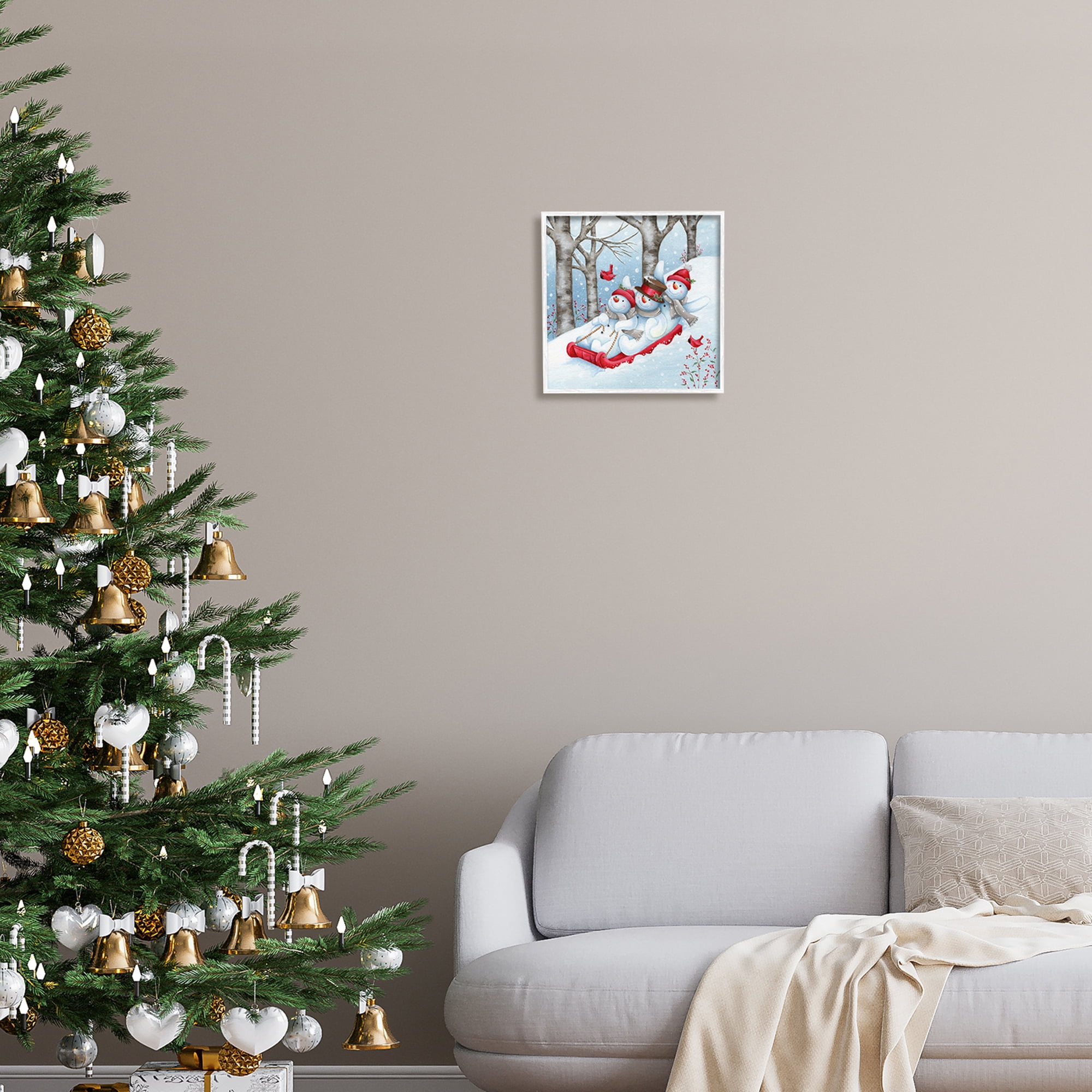 Stupell Industries Happy Snowman Trio Sledding Holiday Painting White Framed Art Print Wall Art, 12 x 12