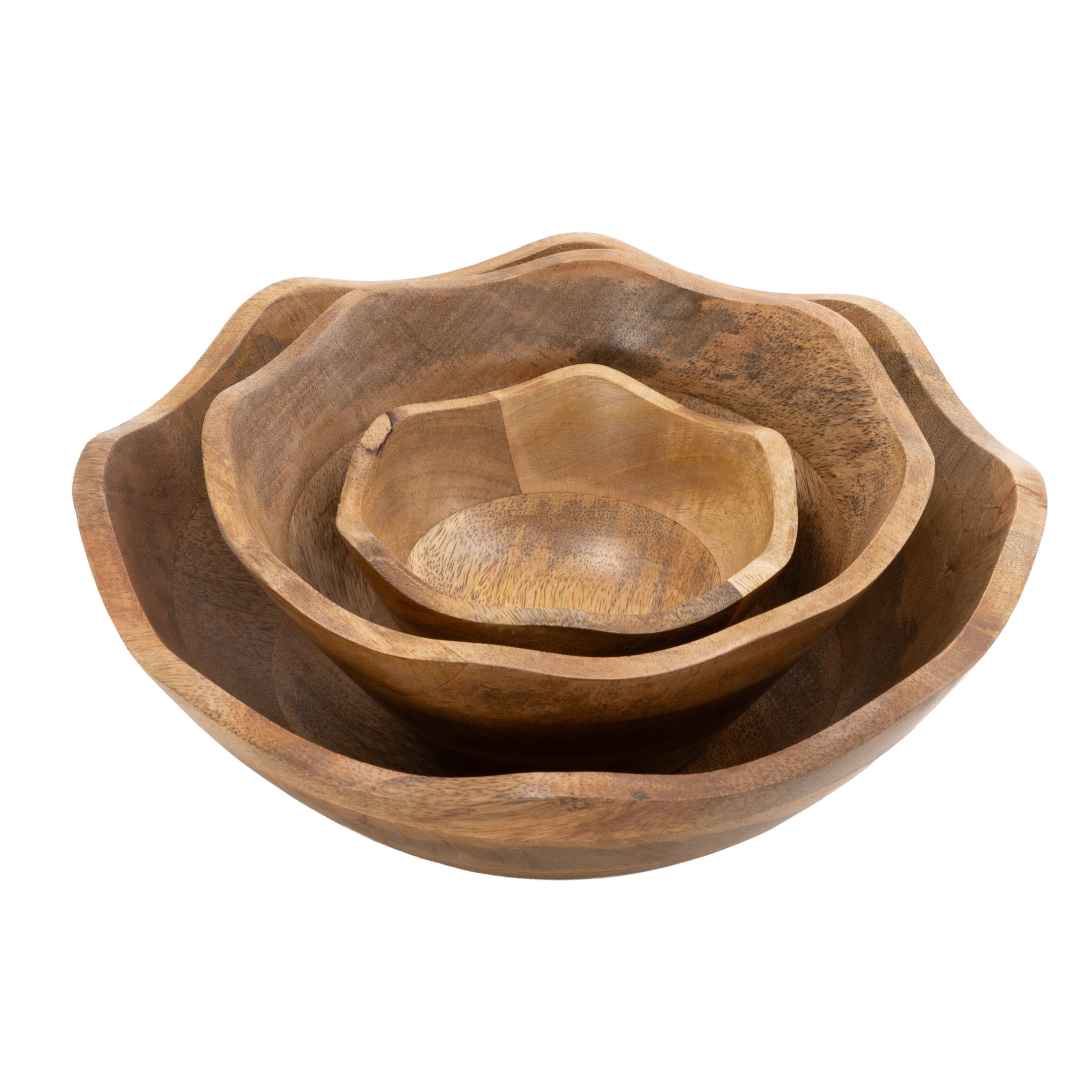 DecMode 12", 9", 6"W Handmade Round Floral Brown Mango Wood Decorative Bowl, Set of 3