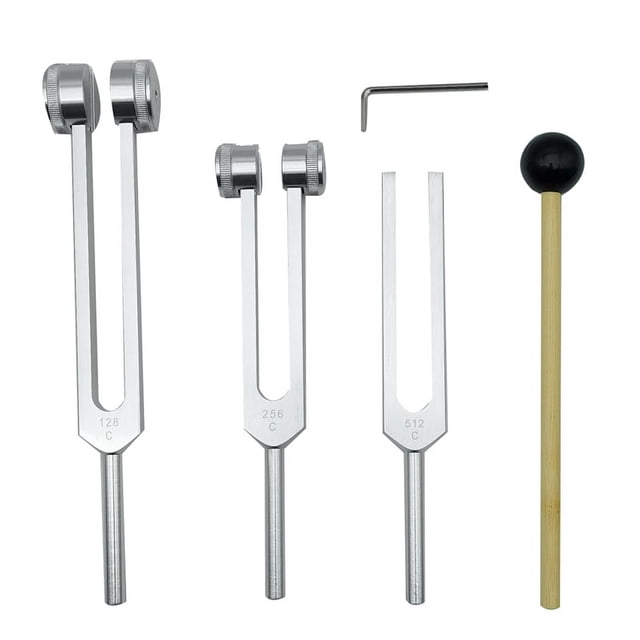 4 Pack Fourche de Syntonisation (128Hz, 256Hz, 512Hz) avec Fourche de Syntonisation pour Son Outil de Vibration Sans Base, Argent