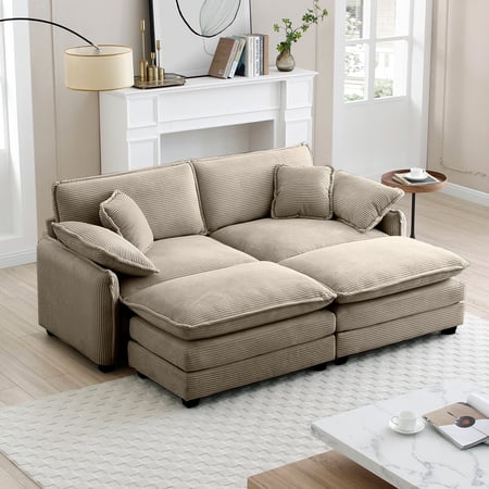 2-Seater Theater Sofa with 2 Footrest 2-Seater Sofa with Ottoman for Small Living Spaces (Tan)