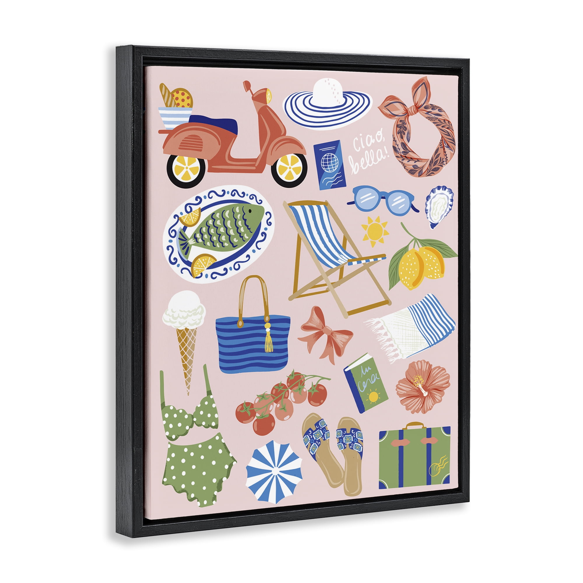 Stupell Industries Mediterranean Coast Necessities Nautical & Beach Painting Black Floater Framed Canvas Art Print Wall Art, 25 x 31