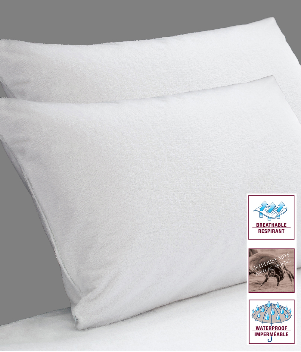 Waterproof PIllow Protectors, Terry Cotton, Zipper Closer, Pair