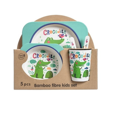 

5Pcs/Set Bamboo Kids Dinnerware Set - Children Dishes - BPA Free Food Plate Bowl Cup Spoon Fork Set Dishware Cartoon Tableware - Crocodile