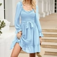 thumbnail image 6 of IROINNID Long Sleeve Dress for Women Solid Spring and Summer Long Sleeve Belt Waist Ruffle Sleeve Round Neck Dress Clearance,Light Blue, 6 of 8