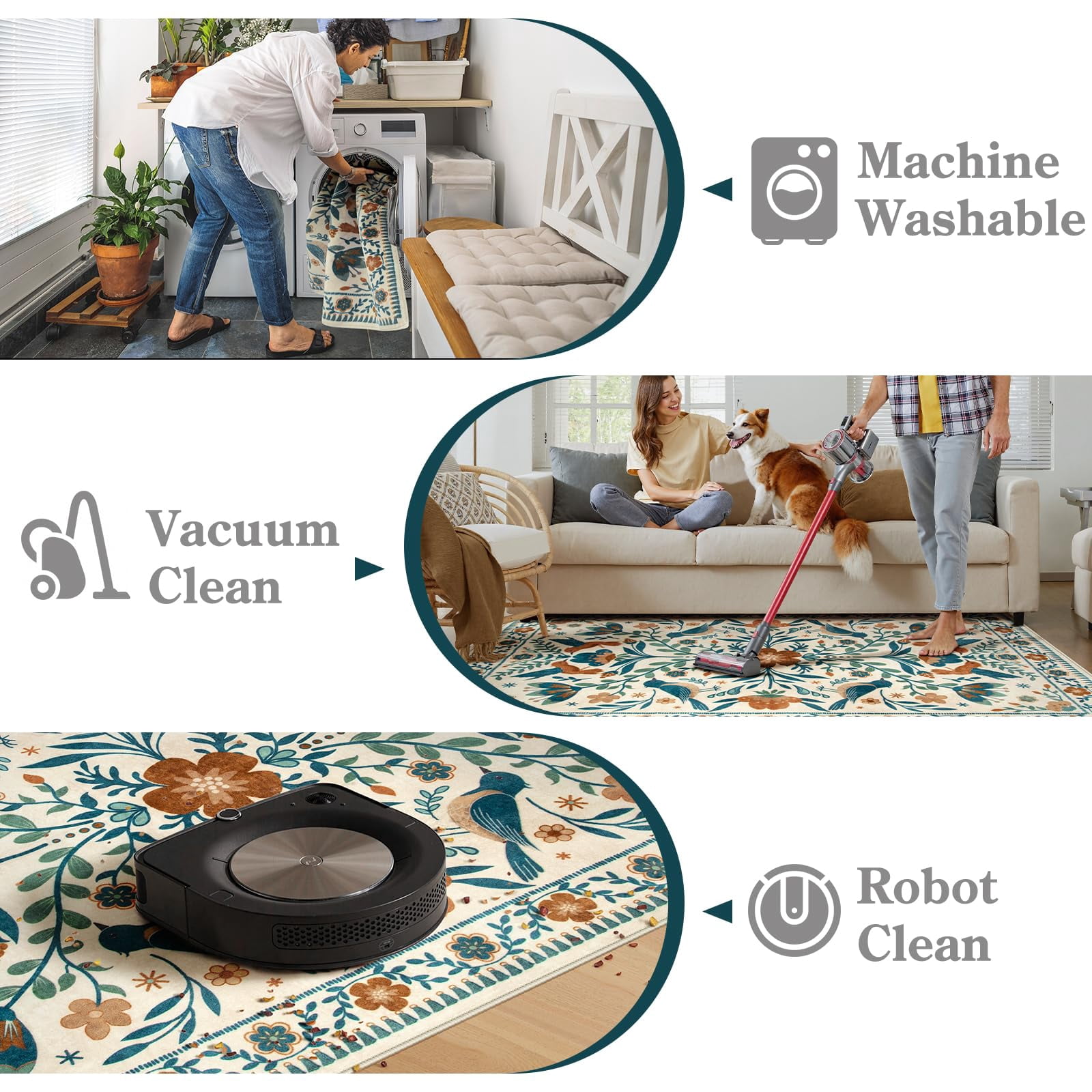 Lahome Decor 5'x7' Boho Bird Area Rugs,Floral Rug for Living Room Machine Washable,Soft Indoor Carpet,Non-Slip Low Pile for Bedroom Dining Room Playroom Office,Beige