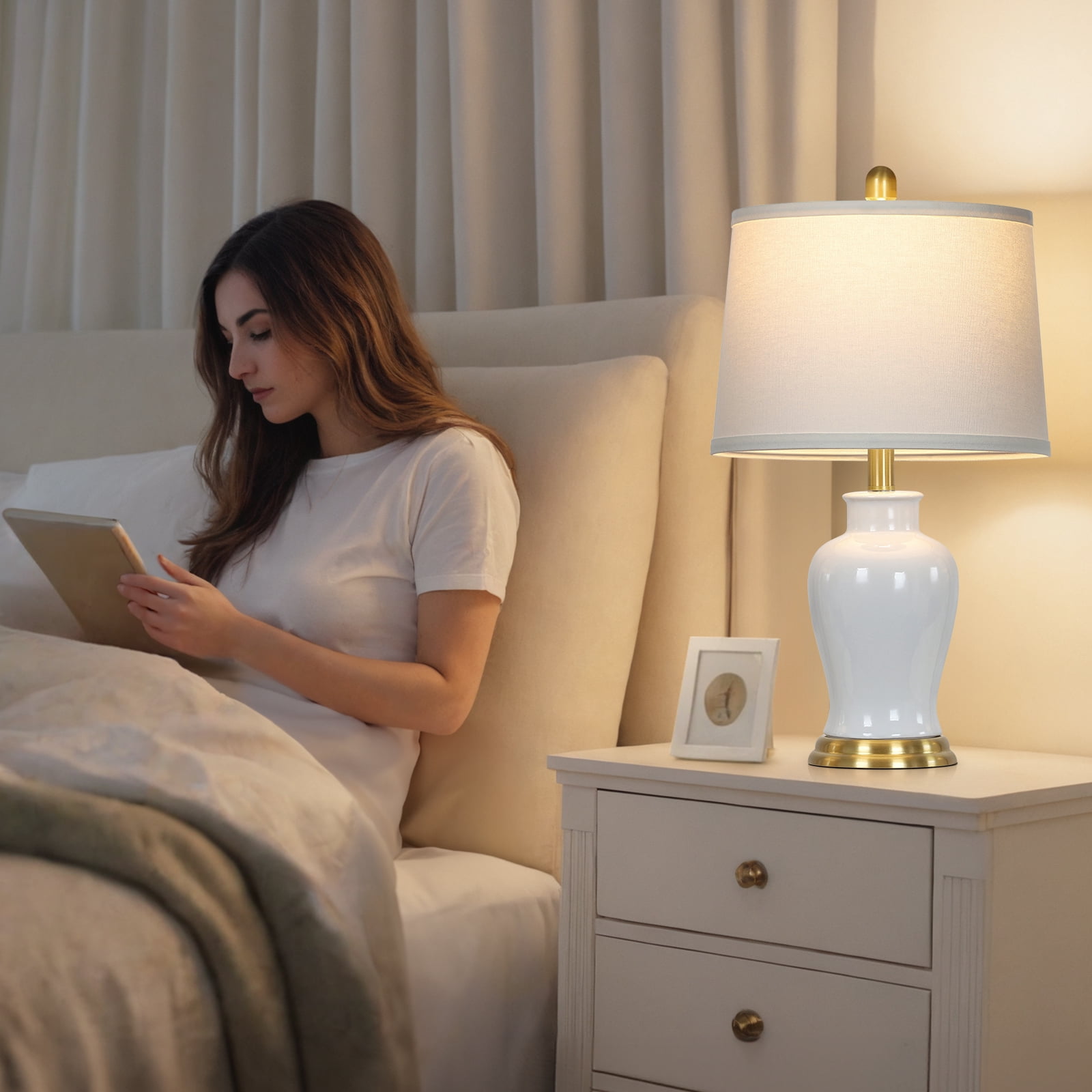 Cinkeda White Ceramic Table Lamps Set of 2 for Living Room Bedroom 23" Tall Modern Ginger Jar Design Nightstand Bedside Lamps