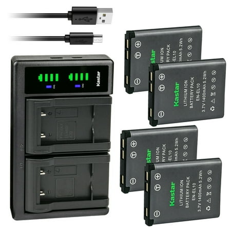 Kastar 4 Battery and LTD2 USB Charger Compatible with Nikon EN-EL10 Battery MH-63 Charger Coolpix S60 S80 S200 S202 S203 S210 S220 S230 S500 S510 S520 S520B S570 S600 S700 S3000 S4000 S5100 Camera
