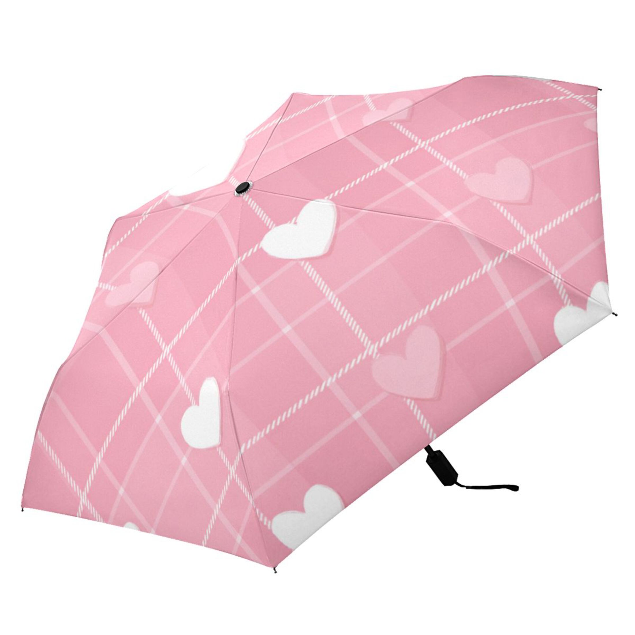 Pink Plaids Cute Hearts Valentine All Weather Umbrella Triple Folding Parasol 6 Ribs UV Protection Portable