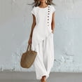 thumbnail image 2 of Ecqkame Two Piece Sets for Women Summer Casual Linen Short Sleeve Top and High Waist Pants Lightweight Daily Vacation Lounge Outfit Set White S, 2 of 6