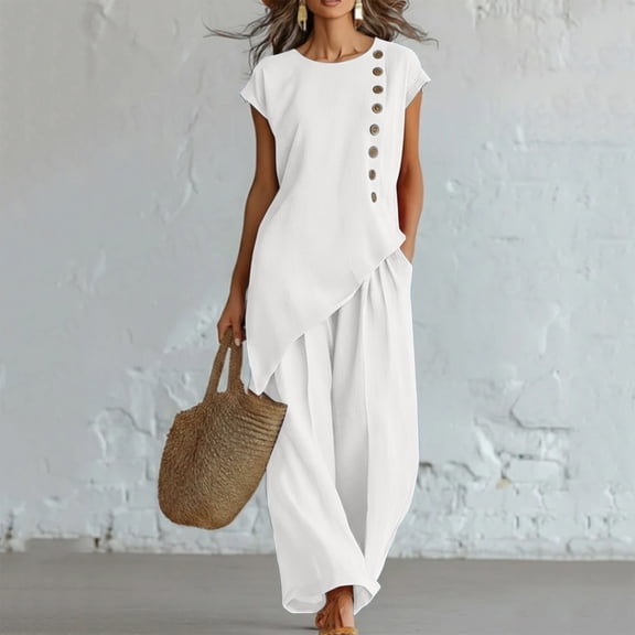 Mifsaly Vacation Two Piece Sets for Women Casual Asymmetric Hem Tops Short Sleeve and Wide Leg Pants with Pockets Lightweight Summer Lounge Matching Outfits White,XL