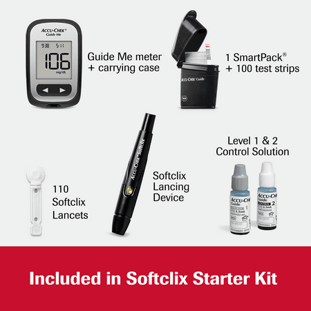 Accu-Chek Softclix Glucose Monitor Kit for Diabetic Blood Sugar Testing: Guide Me Meter, Softclix Lancing Device & 110 Lancets, 100 Guide Test Strips, and Control Solution (Packaging May Vary)